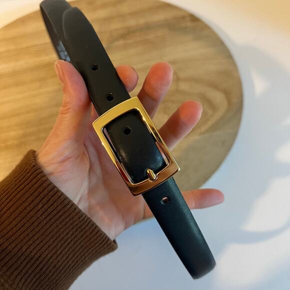 Vintage 00s Black Midnight Bonded Leather Rectangle Gold Buckle Belt Size Medium - Picture 2 of 12